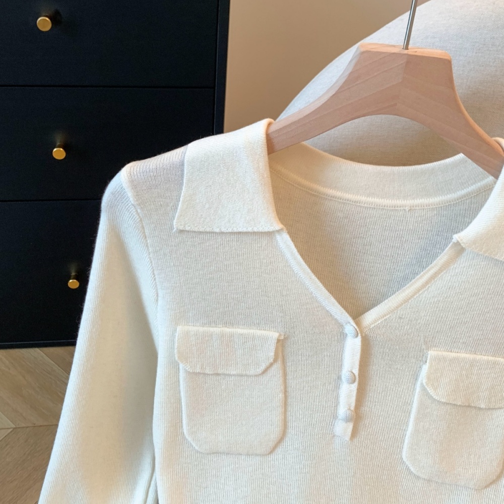 Autumn lapel knitted tops V-neck long sleeve shirts