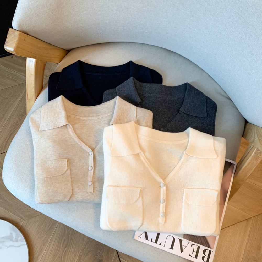 Autumn lapel knitted tops V-neck long sleeve shirts