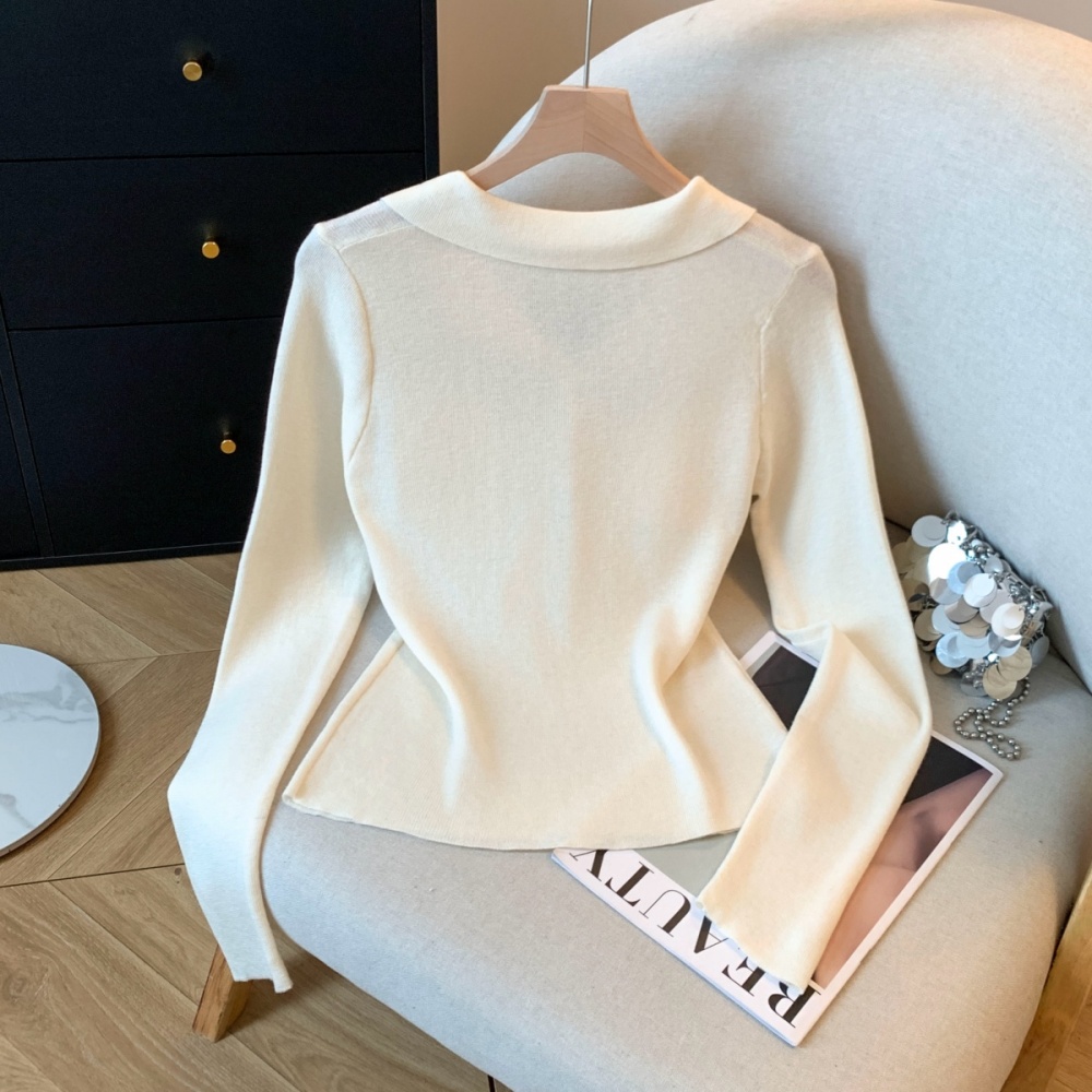 Autumn lapel knitted tops V-neck long sleeve shirts