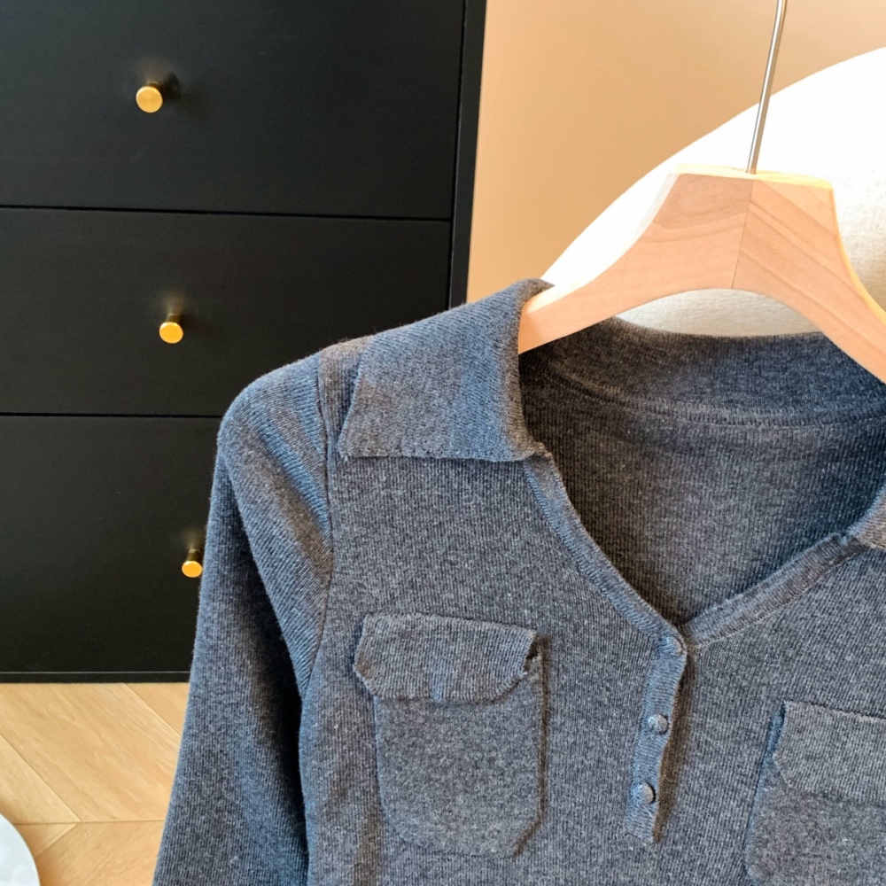 Autumn lapel knitted tops V-neck long sleeve shirts