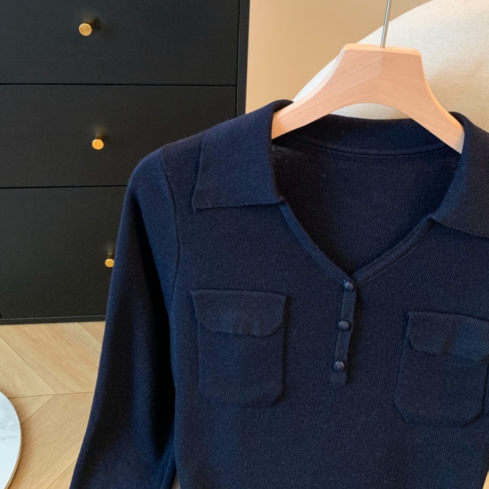 Autumn lapel knitted tops V-neck long sleeve shirts
