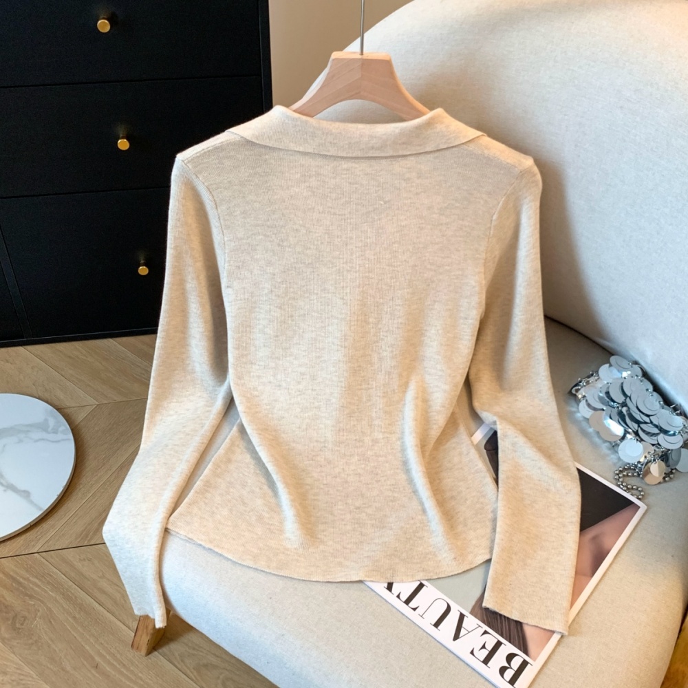 Autumn lapel knitted tops V-neck long sleeve shirts