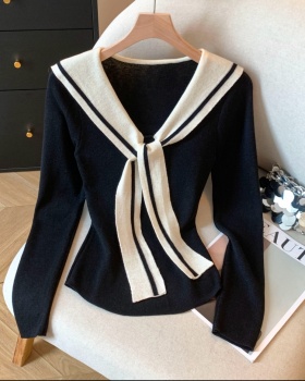 Navy collar shawl college style tops for women