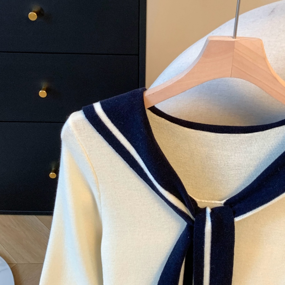 Navy collar shawl college style tops for women