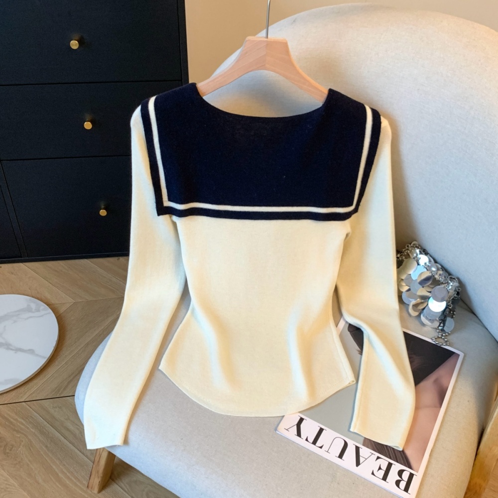 Navy collar shawl college style tops for women