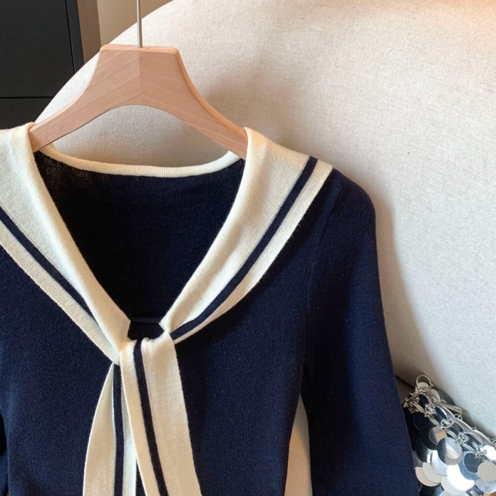 Navy collar shawl college style tops for women