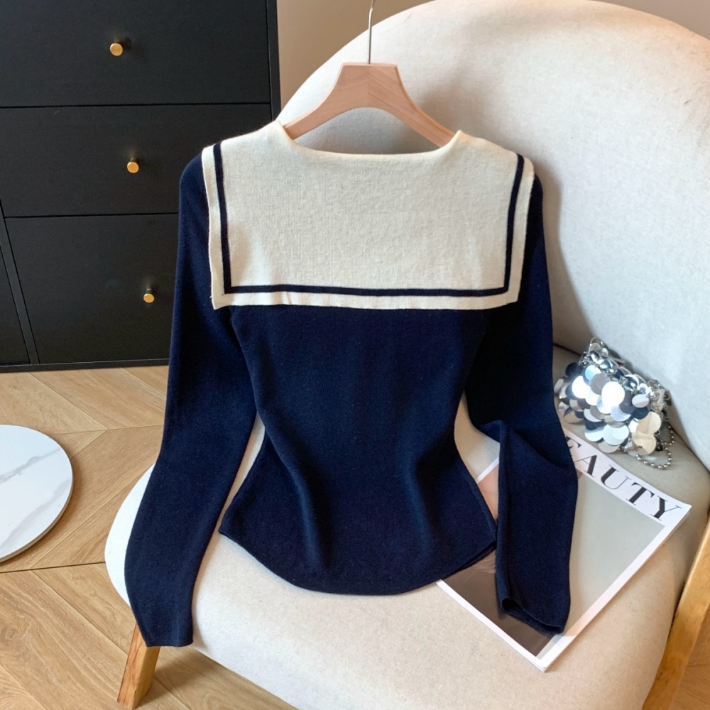 Navy collar shawl college style tops for women