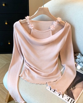 Long sleeve knitted wood ear lazy strapless tops