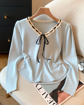 Lace bow knitted bottoming shirt all-match frenum tops