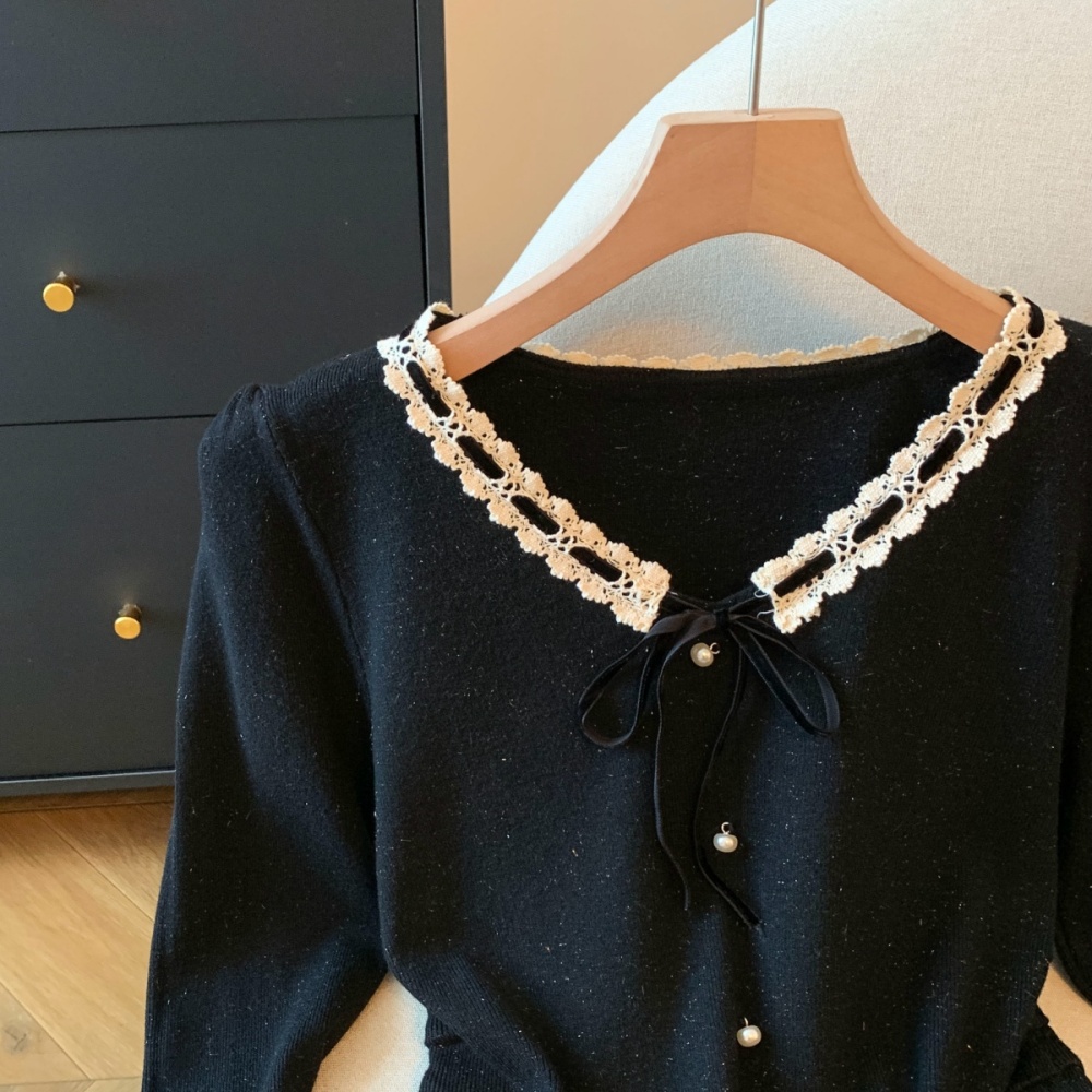 Lace bow knitted bottoming shirt all-match frenum tops