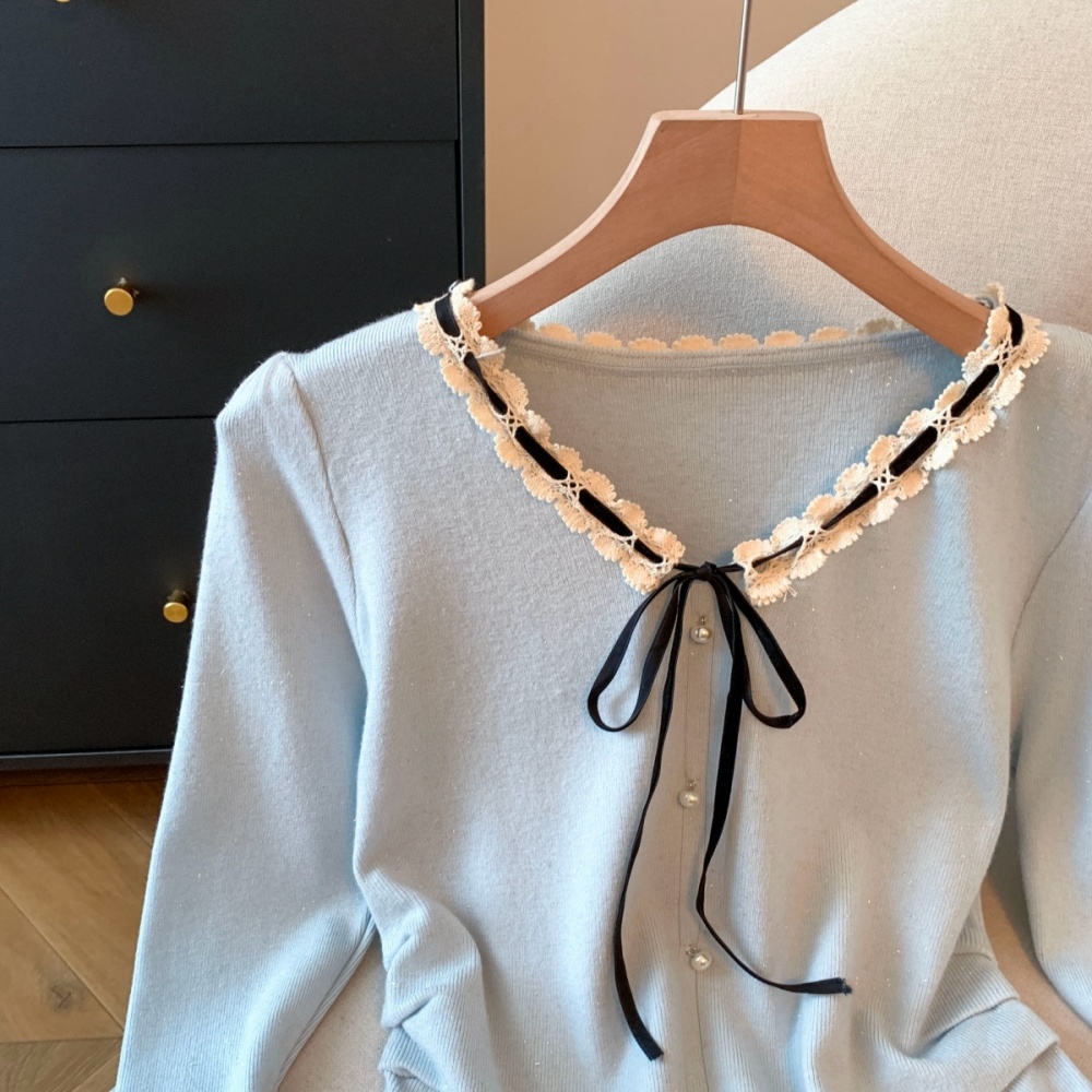 Lace bow knitted bottoming shirt all-match frenum tops