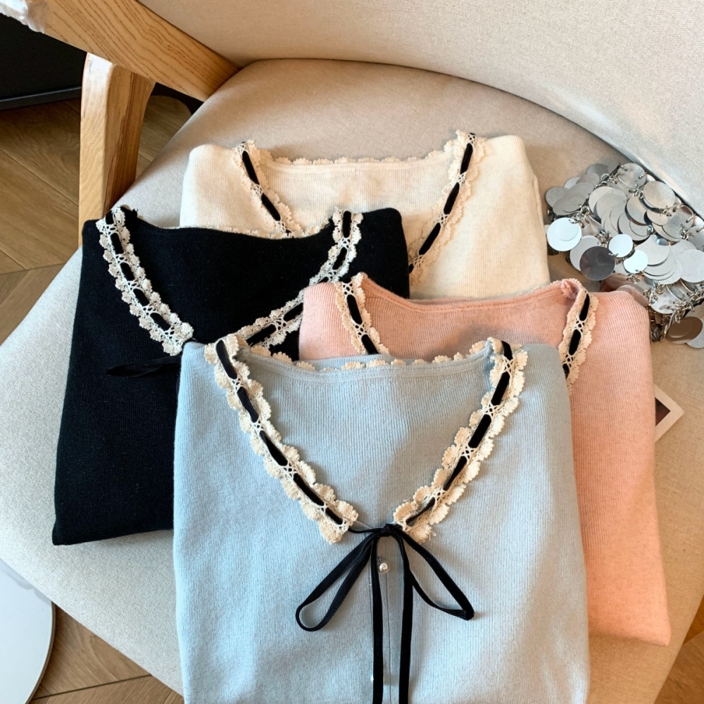 Lace bow knitted bottoming shirt all-match frenum tops