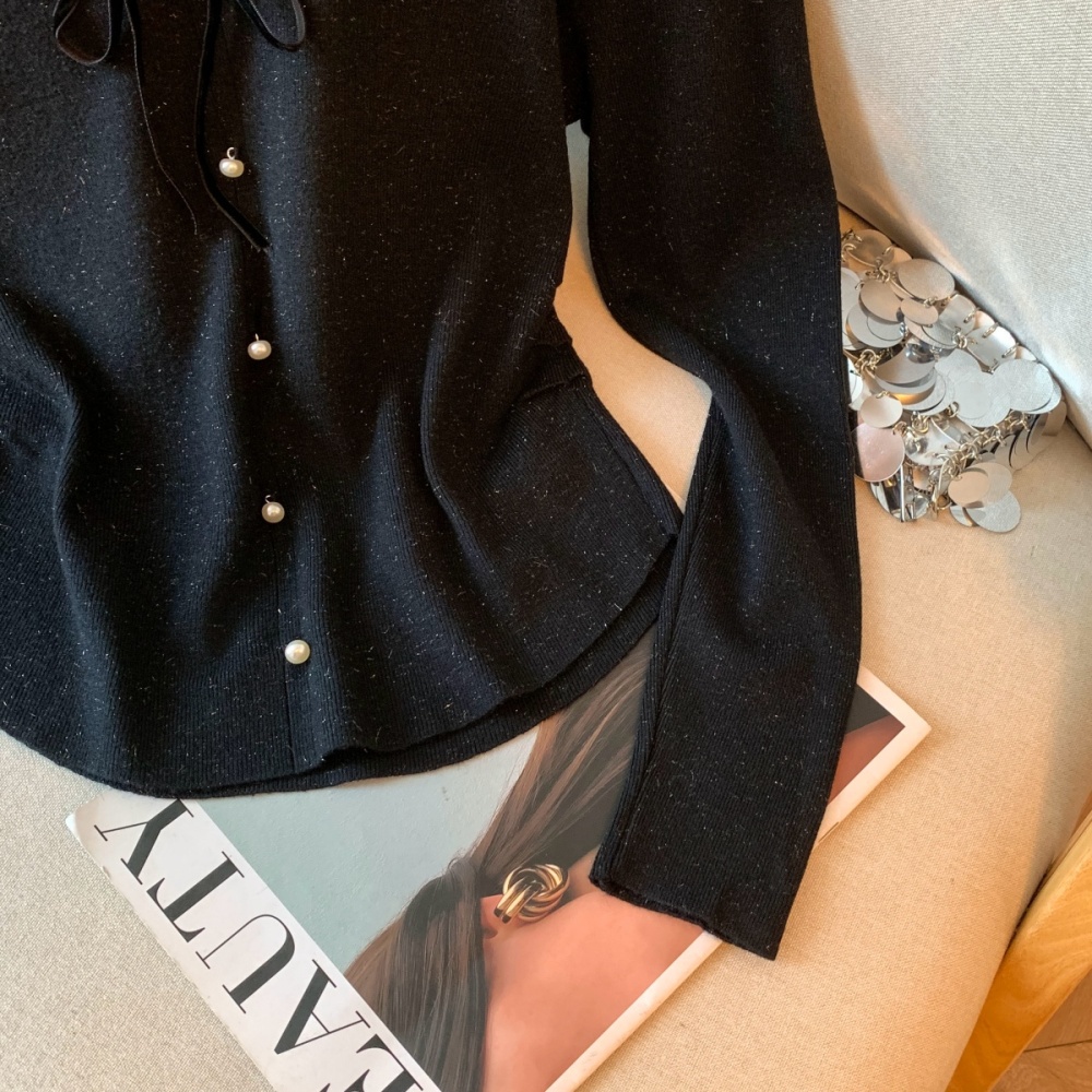 Lace bow knitted bottoming shirt all-match frenum tops