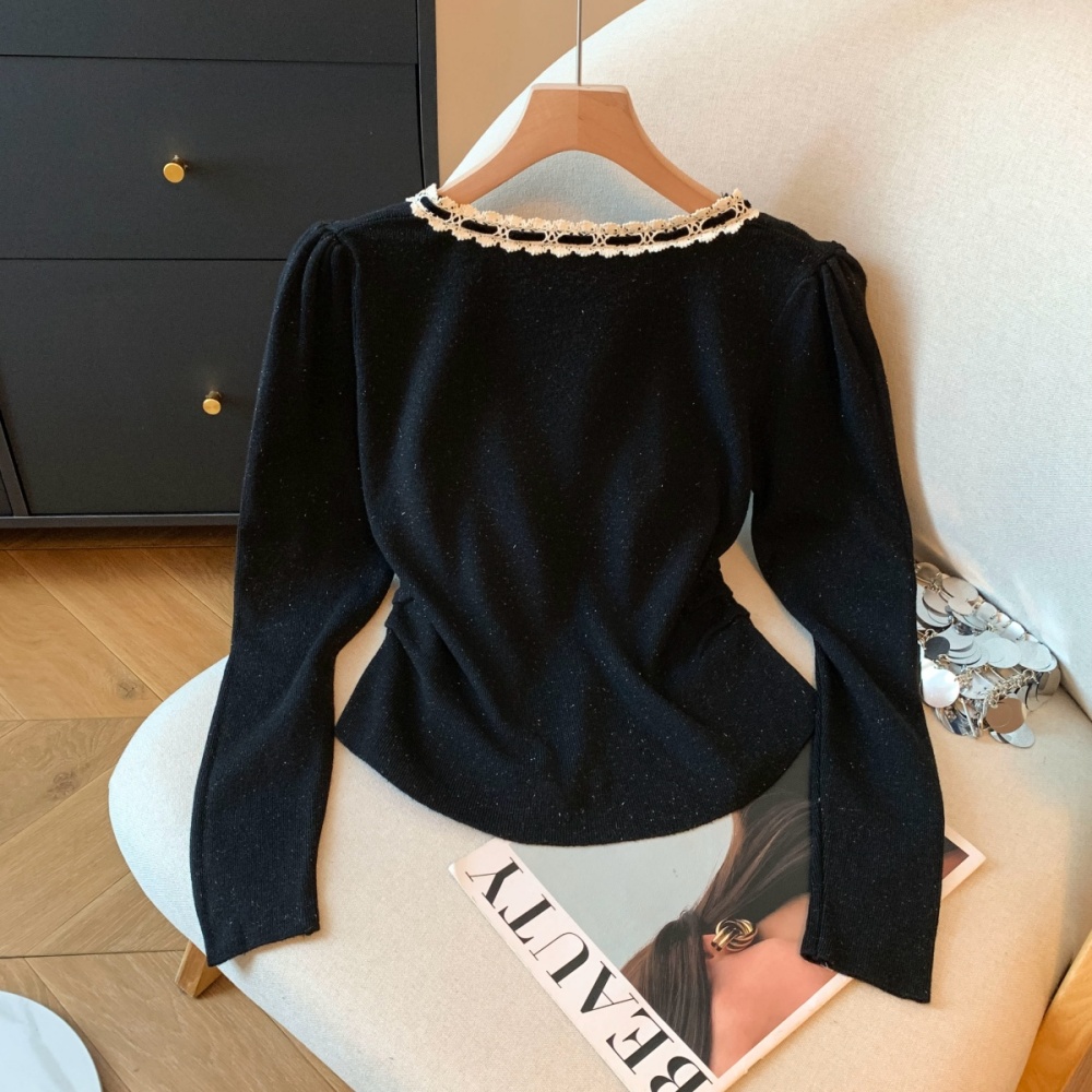 Lace bow knitted bottoming shirt all-match frenum tops