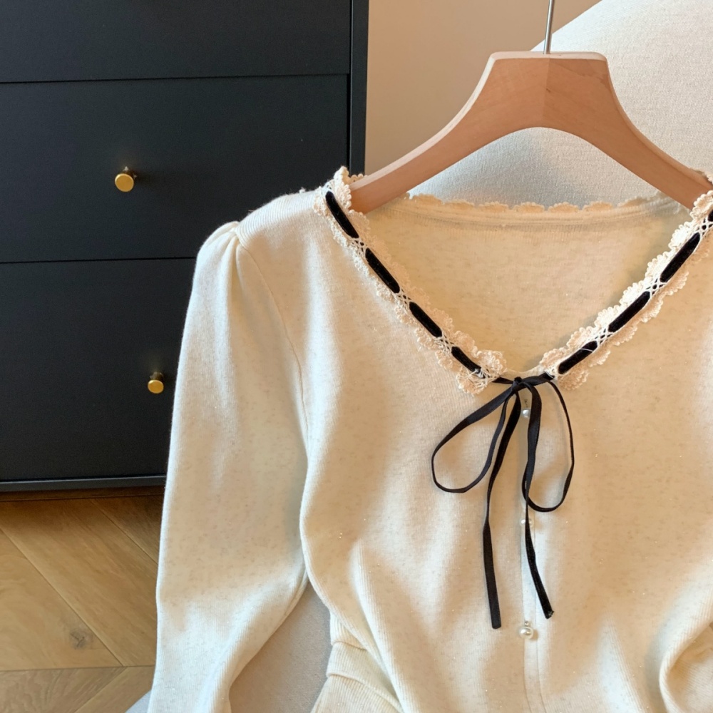 Lace bow knitted bottoming shirt all-match frenum tops