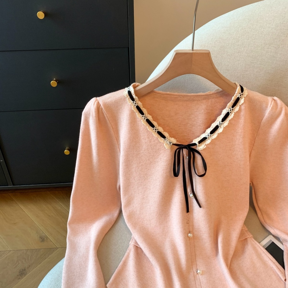 Lace bow knitted bottoming shirt all-match frenum tops