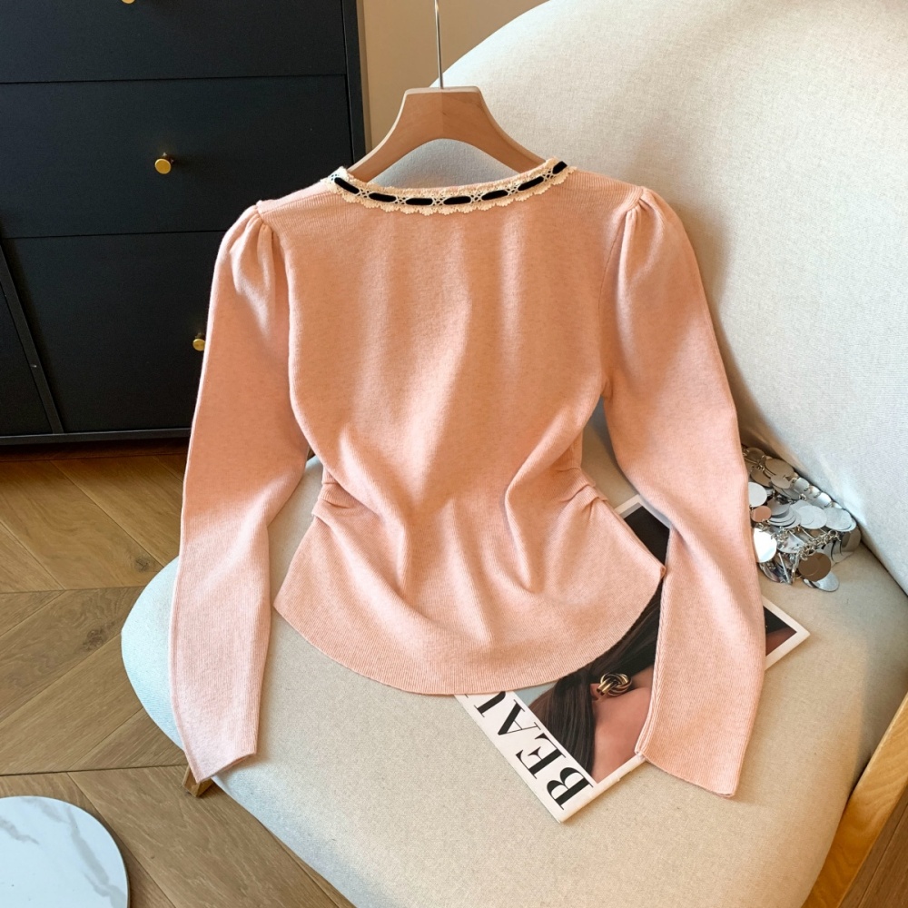 Lace bow knitted bottoming shirt all-match frenum tops