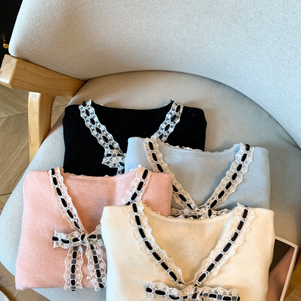 Slim Korean style bow sweater splice bottoming tops