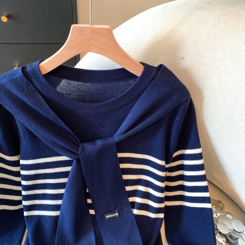 Stripe autumn and winter sweater Pseudo-two tops