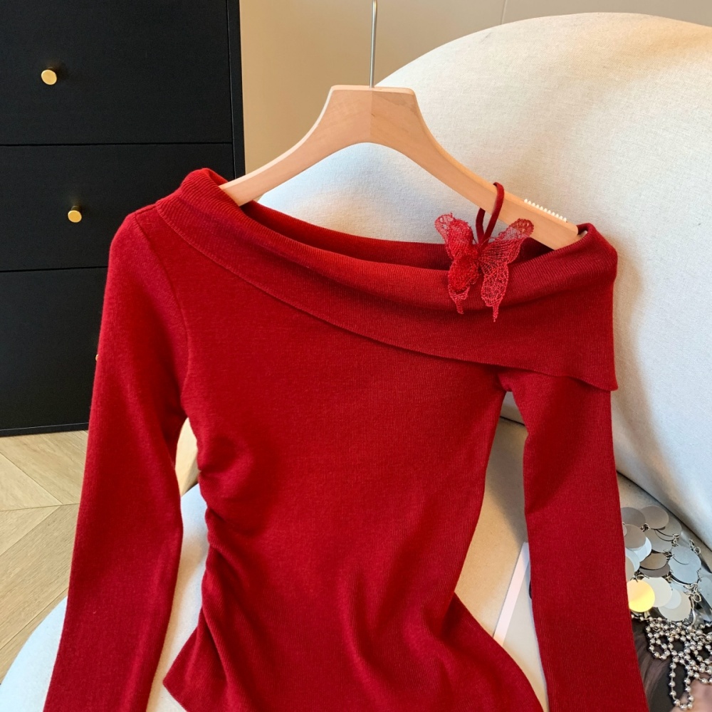 Long sleeve sloping shoulder autumn and winter tops for women