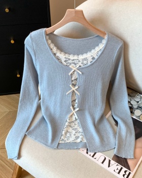 Knitted enticement unique Pseudo-two split slim bow sexy tops