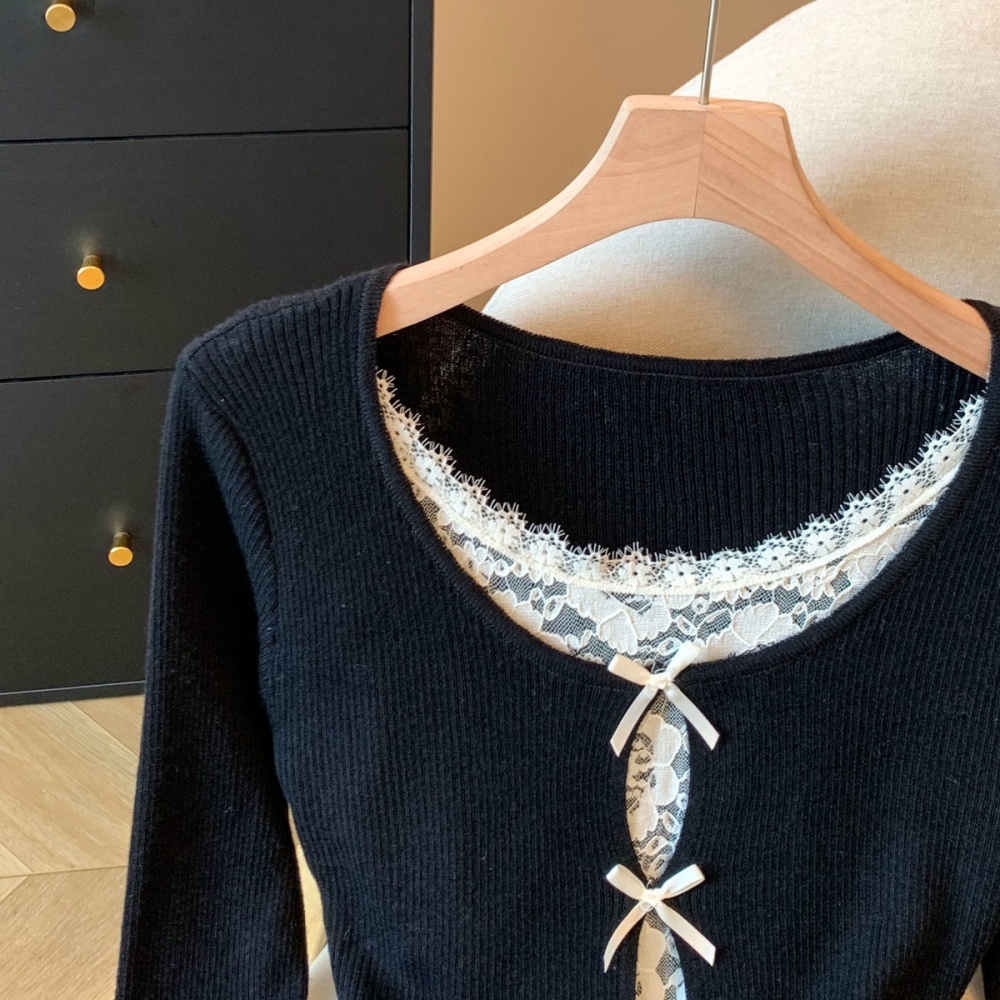 Knitted enticement unique Pseudo-two split slim bow sexy tops