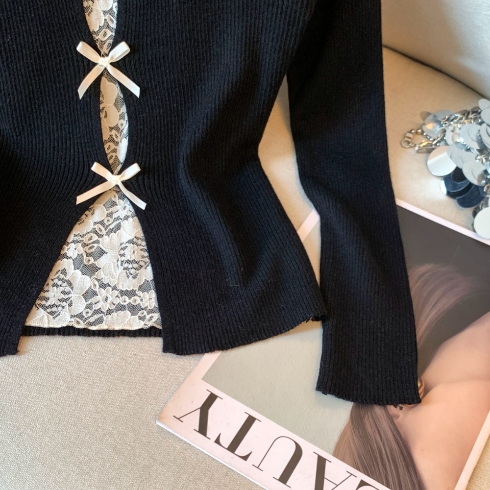 Knitted enticement unique Pseudo-two split slim bow sexy tops