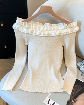 Slim Korean style flat shoulder lotus leaf edges sweater