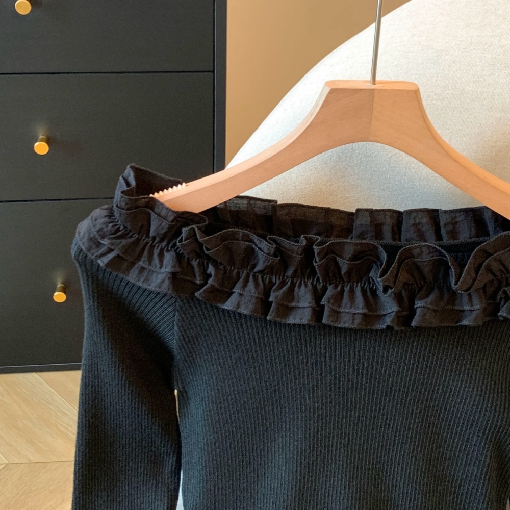 Slim Korean style flat shoulder lotus leaf edges sweater