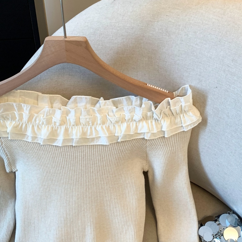 Slim Korean style flat shoulder lotus leaf edges sweater