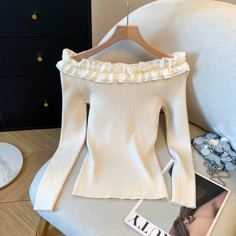 Slim Korean style flat shoulder lotus leaf edges sweater