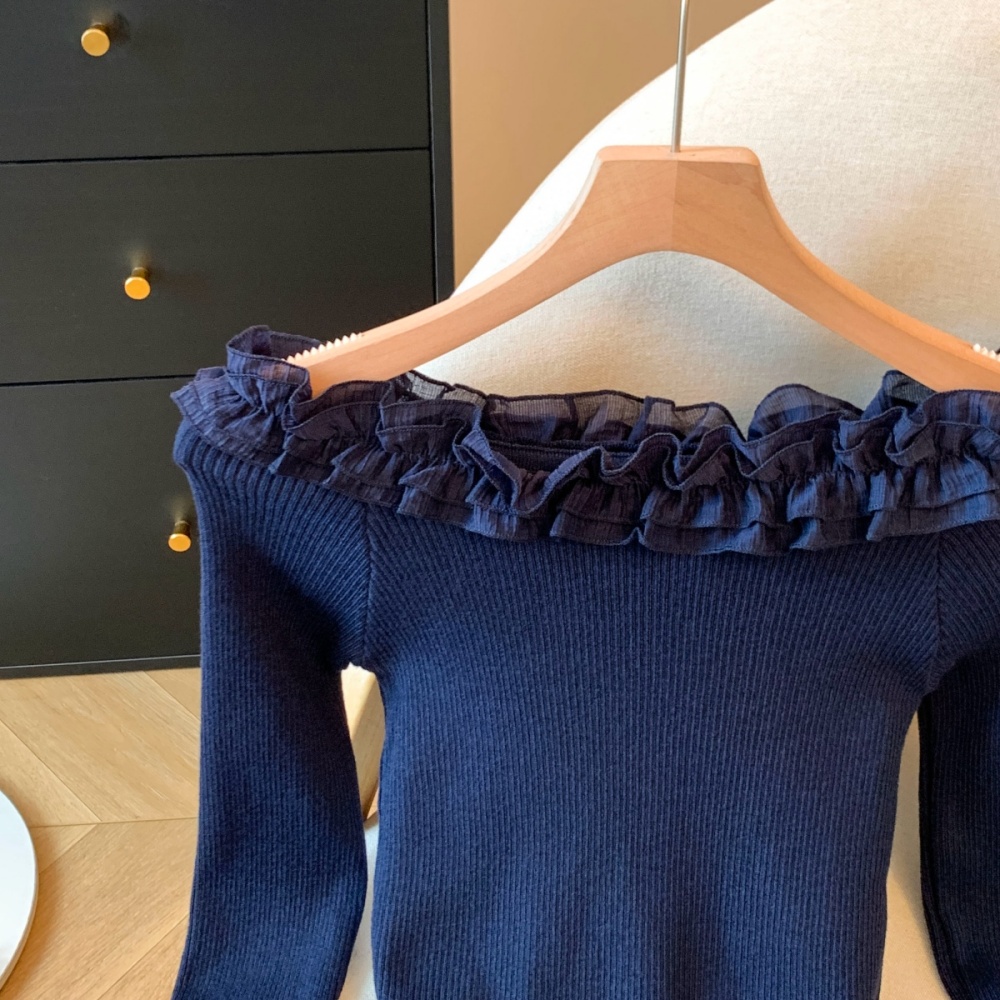 Slim Korean style flat shoulder lotus leaf edges sweater
