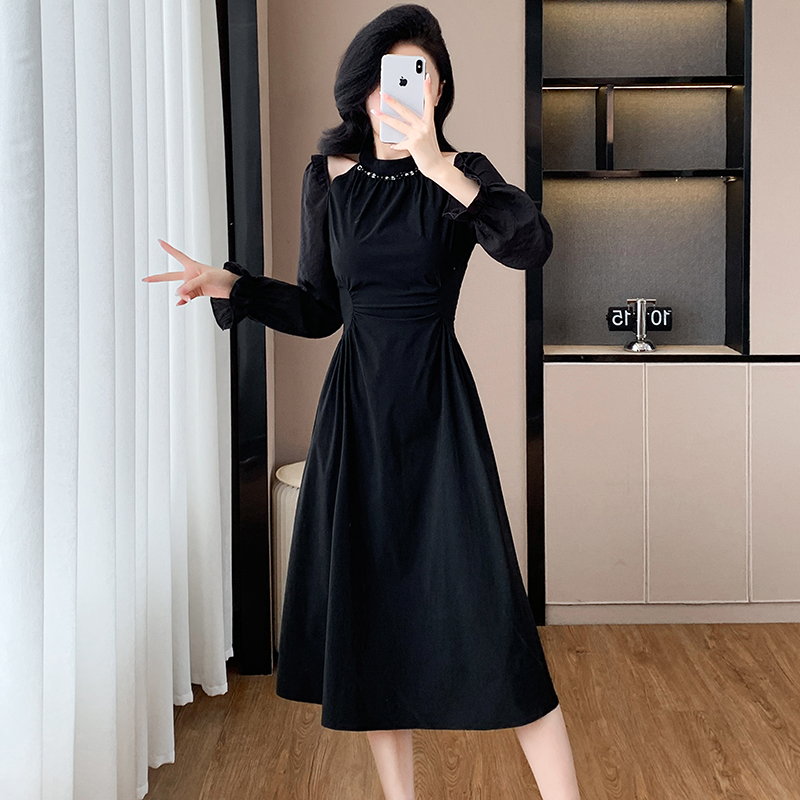 Halter fold autumn temperament Hepburn style dress