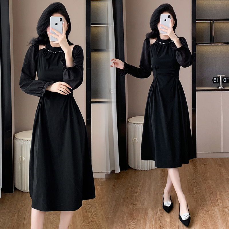 Halter fold autumn temperament Hepburn style dress
