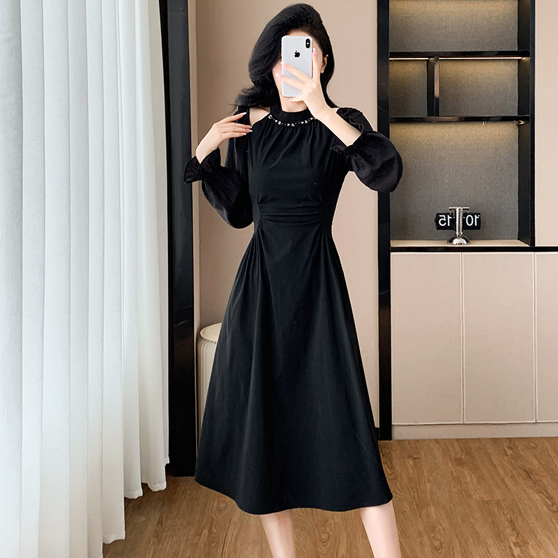 Halter fold autumn temperament Hepburn style dress
