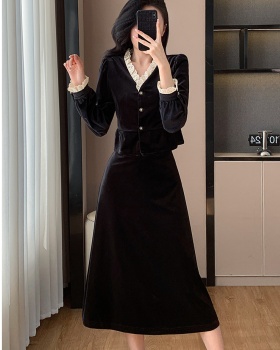 Velvet temperament skirt France style tops 2pcs set