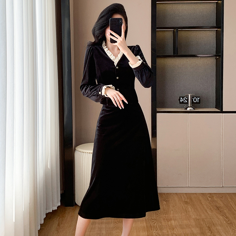 Velvet temperament skirt France style tops 2pcs set