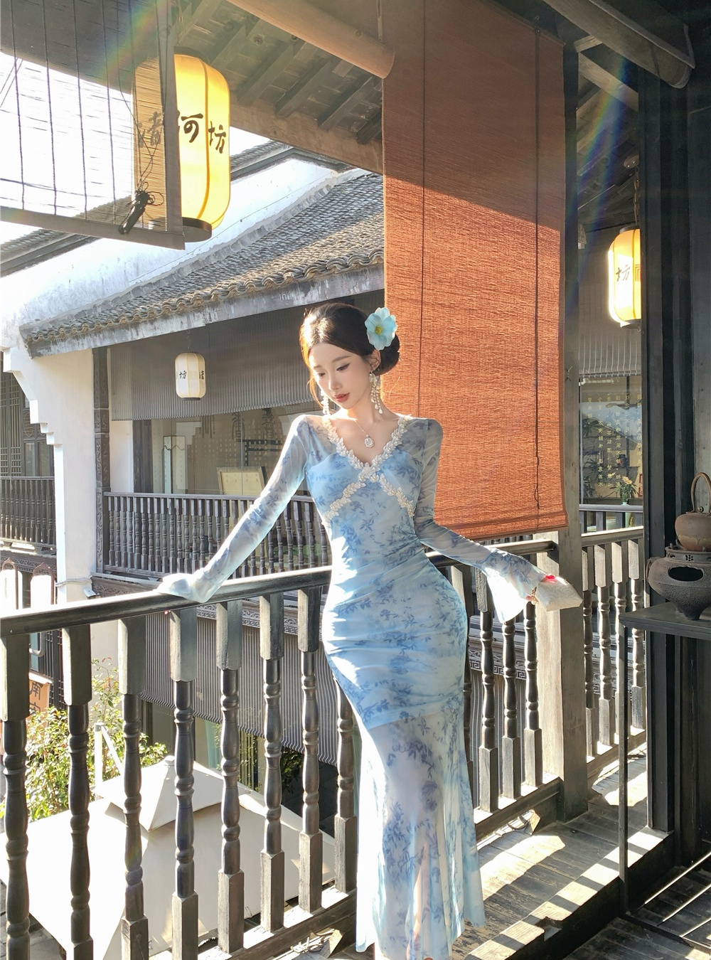 Lace package hip trumpet sleeves dress beading V-neck long dress