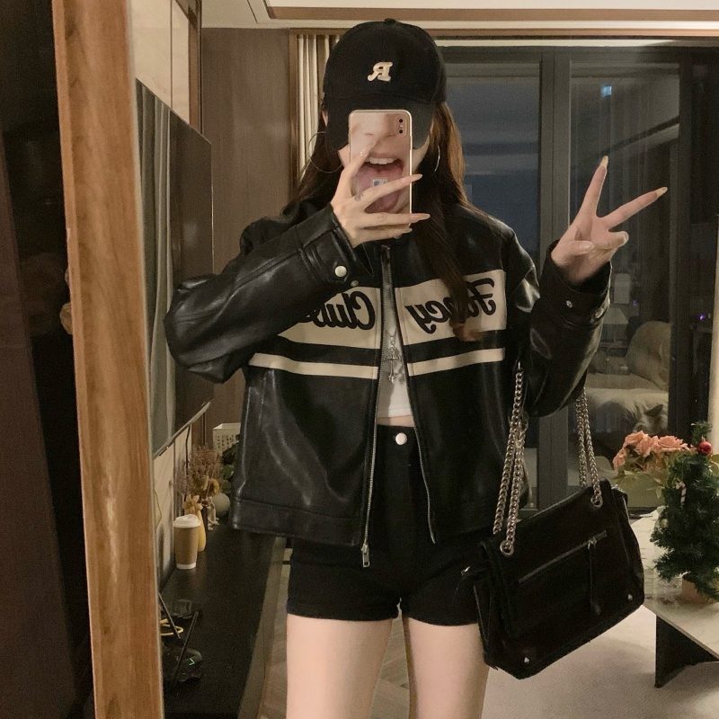 PU black Casual jacket autumn all-match retro tops