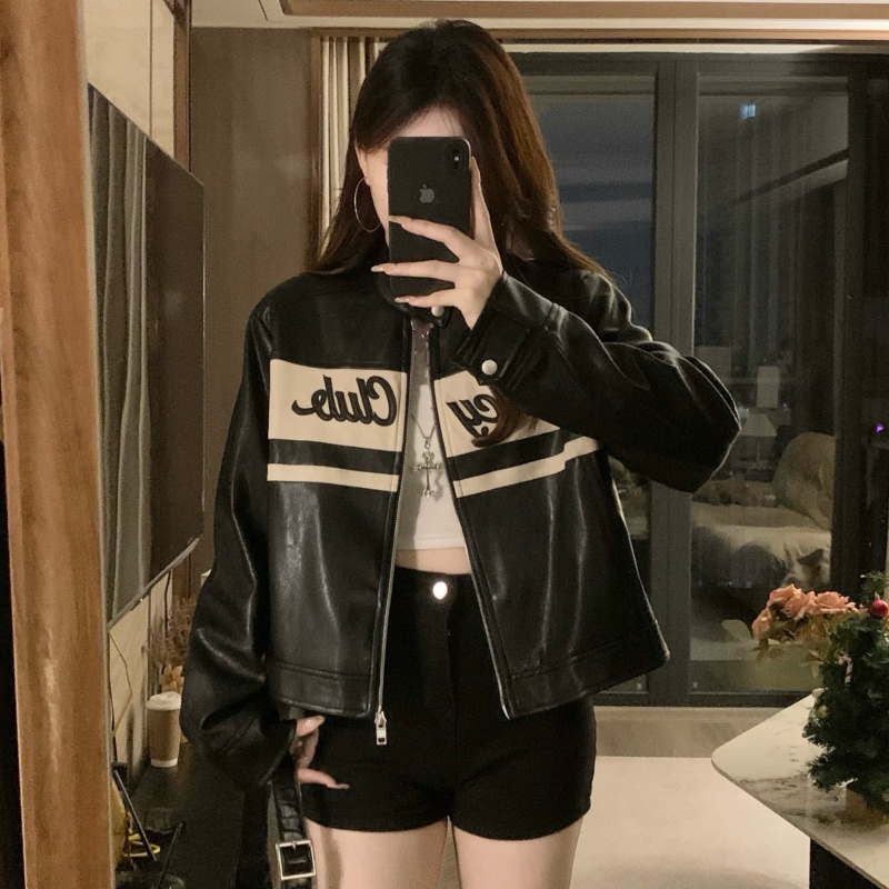 PU black Casual jacket autumn all-match retro tops