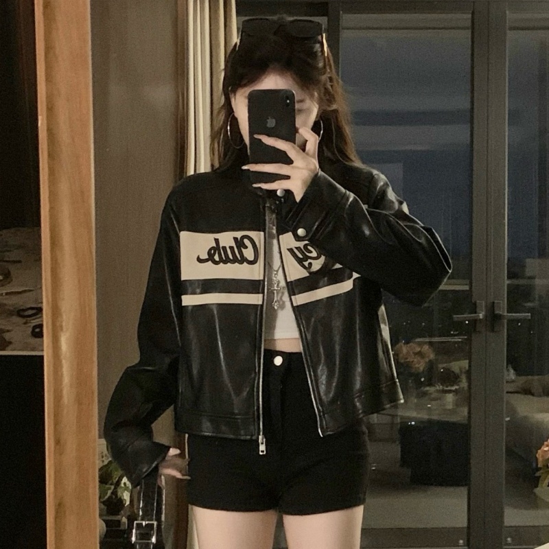 PU black Casual jacket autumn all-match retro tops
