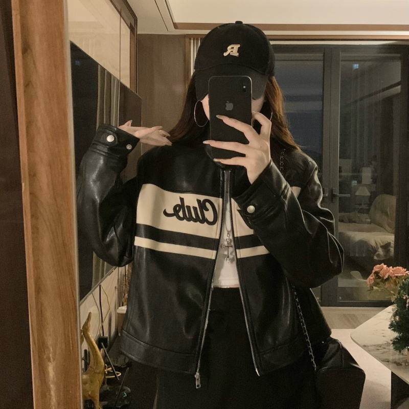 PU black Casual jacket autumn all-match retro tops
