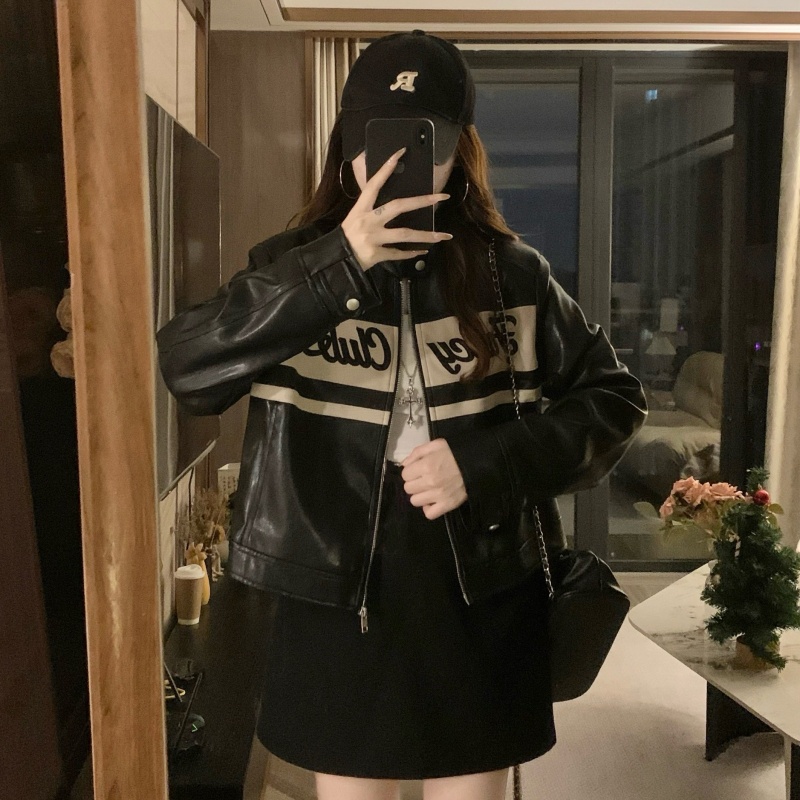 PU black Casual jacket autumn all-match retro tops