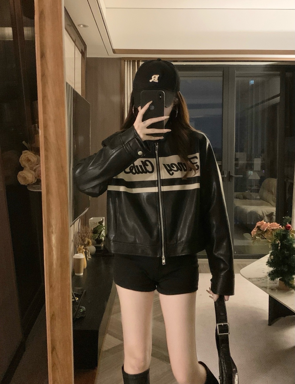PU black Casual jacket autumn all-match retro tops