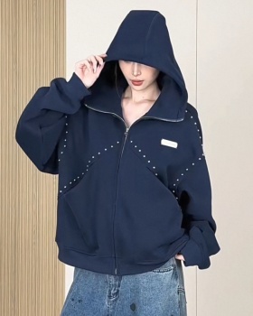 Couples loose hooded hoodie rivet zip cardigan