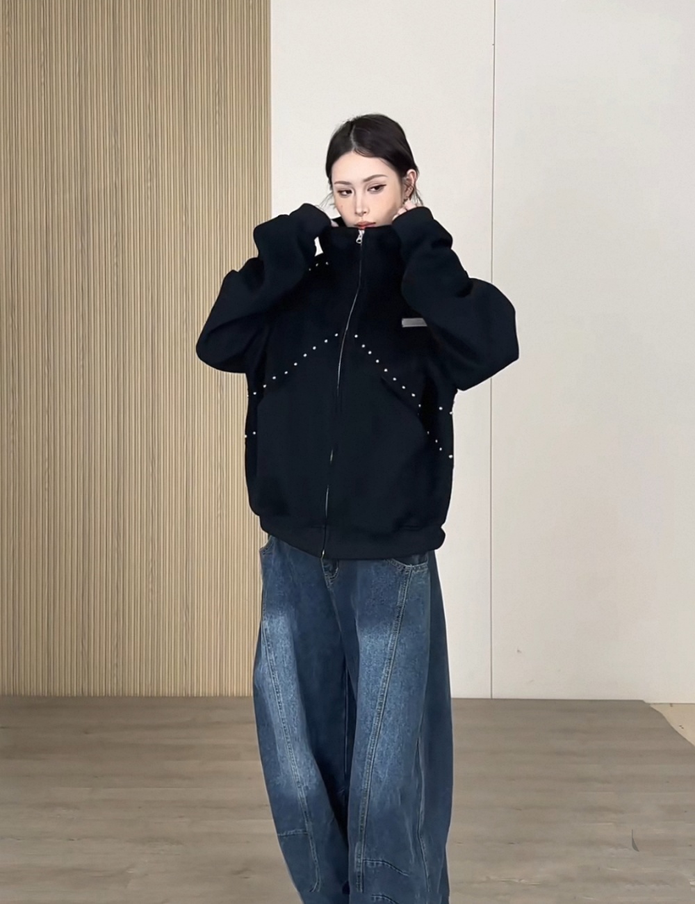 Couples loose hooded hoodie rivet zip cardigan