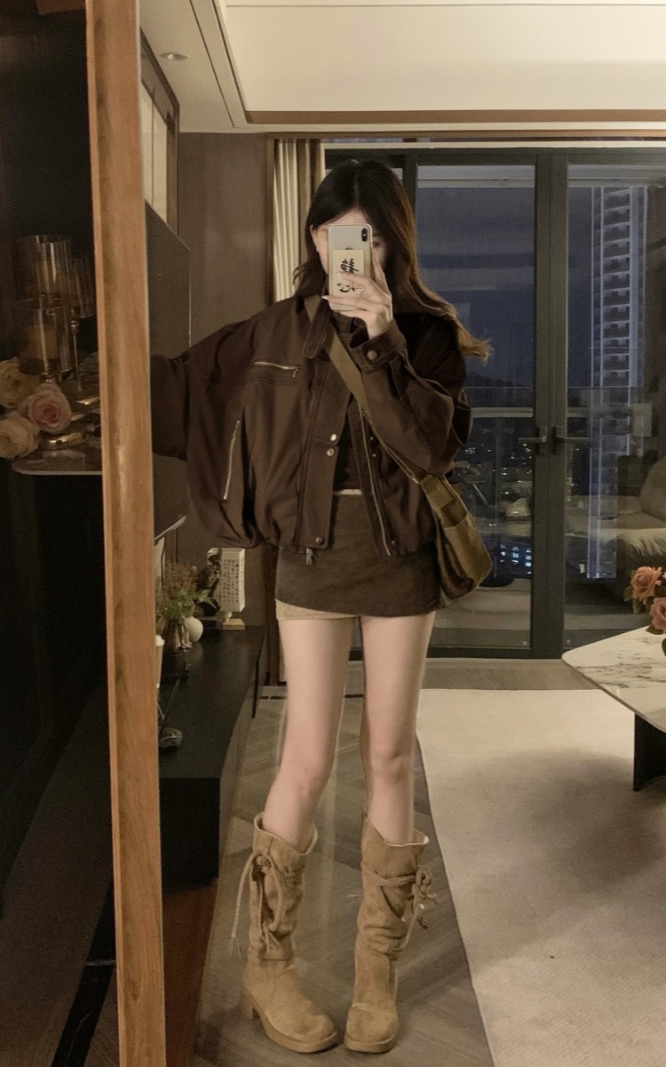 Retro slim jacket denim cstand collar tops for women