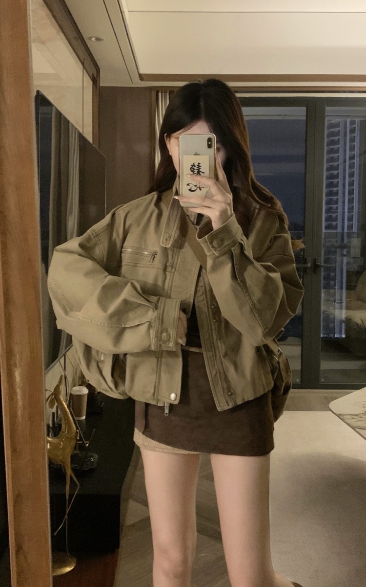 Retro slim jacket denim cstand collar tops for women