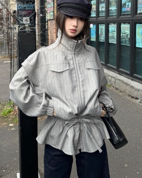 Autumn zip lapel jacket stripe drawstring coat