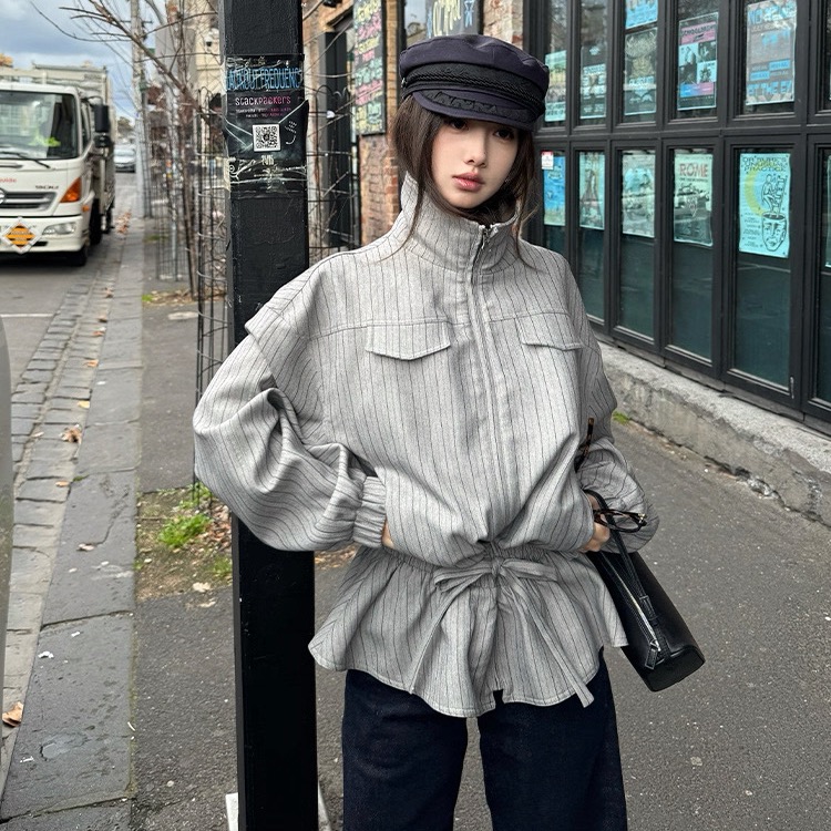 Autumn zip lapel jacket stripe drawstring coat